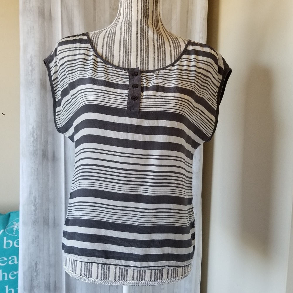 BDG Gray White Stripped Silk Top Blouse